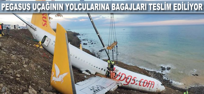 Pegasus uçağının yolcularına bagajları teslim ediliyor